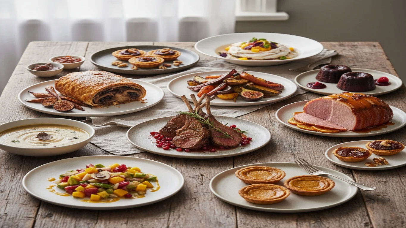 Conjunto de 10 pratos festivos para Natal e Ano Novo, incluindo receitas deliciosas para a ceia e festas de fim de ano, com opções para surpreender os convidados.