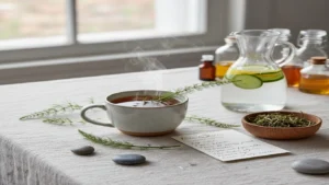 Xícara de chá de cavalinha quente com folhas secas da planta cavalinha ao lado, simbolizando uma bebida diurética natural para retenção de líquidos.