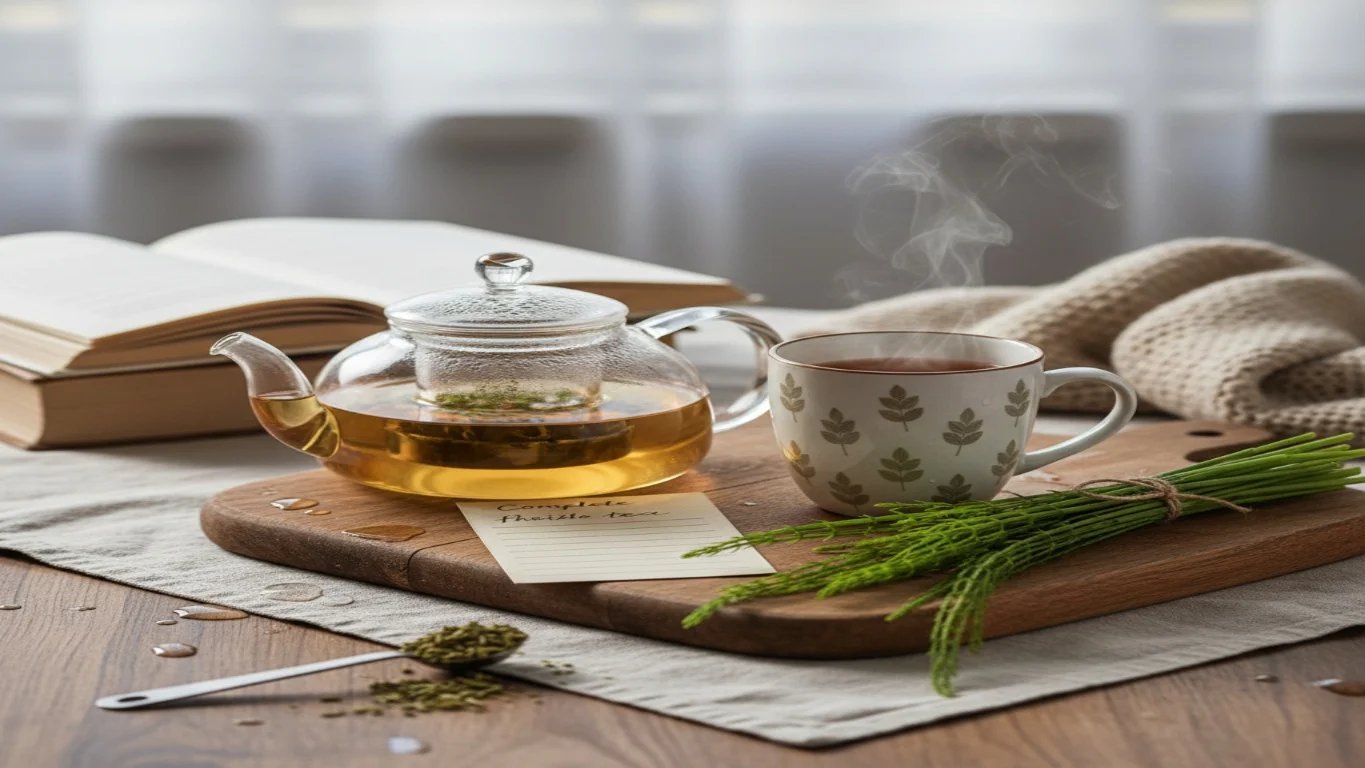 Xícara de chá de cavalinha fresco com ervas secas e folhas de cavalinha, ilustrando seus benefícios diuréticos para combater a retenção de líquidos de forma natural.