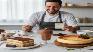 Comparação visual entre mousse, pavê e cheesecake, destacando suas texturas e ingredientes únicos, com foco em receitas de chef.