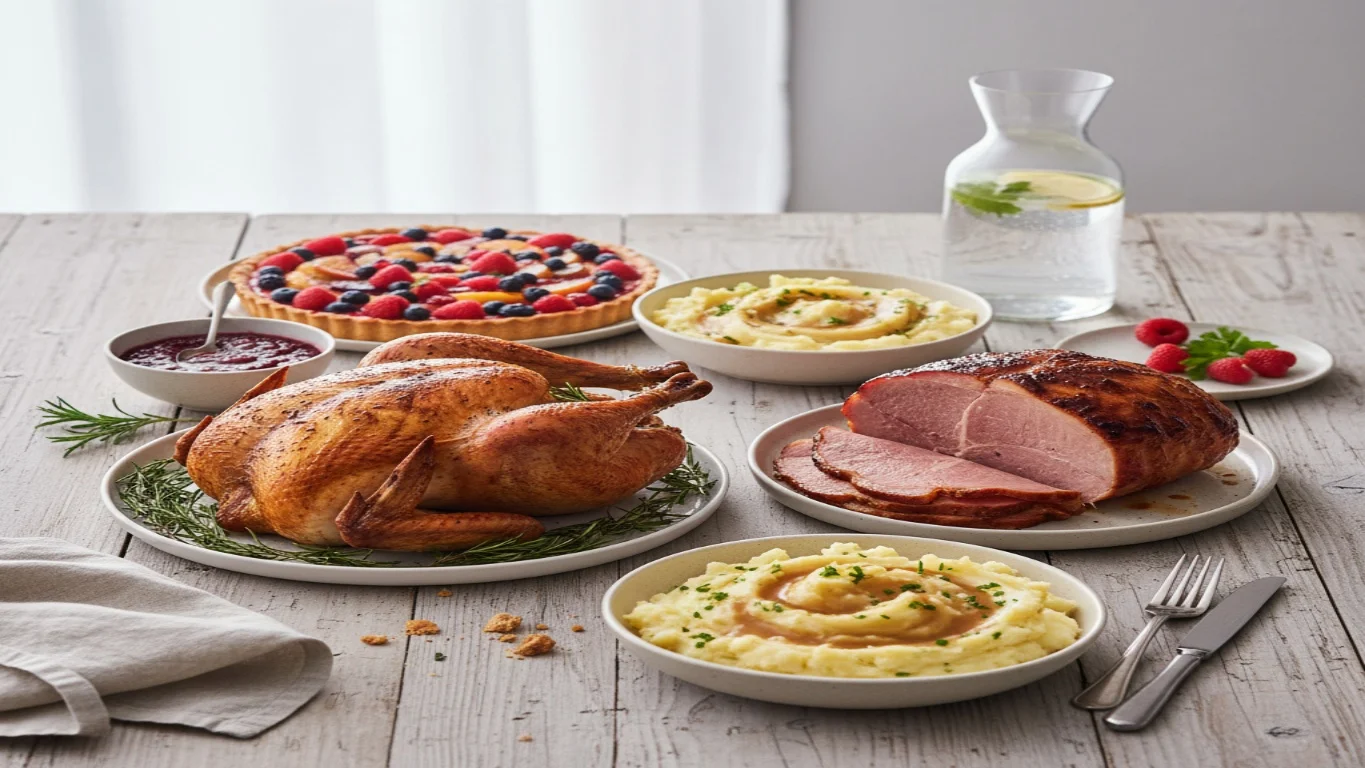 Mesa farta com pratos essenciais e inesquecíveis para as celebrações de Natal e Fim de Ano, incluindo opções festivas e tradicionais.