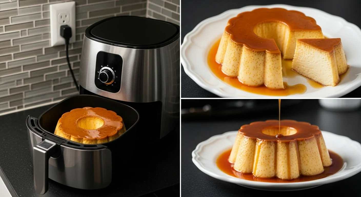 Colagem de três imagens: Pudim de leite condensado assando na air fryer, um pudim fatiado com calda de caramelo escorrendo e um pudim inteiro desenformado em prato branco.