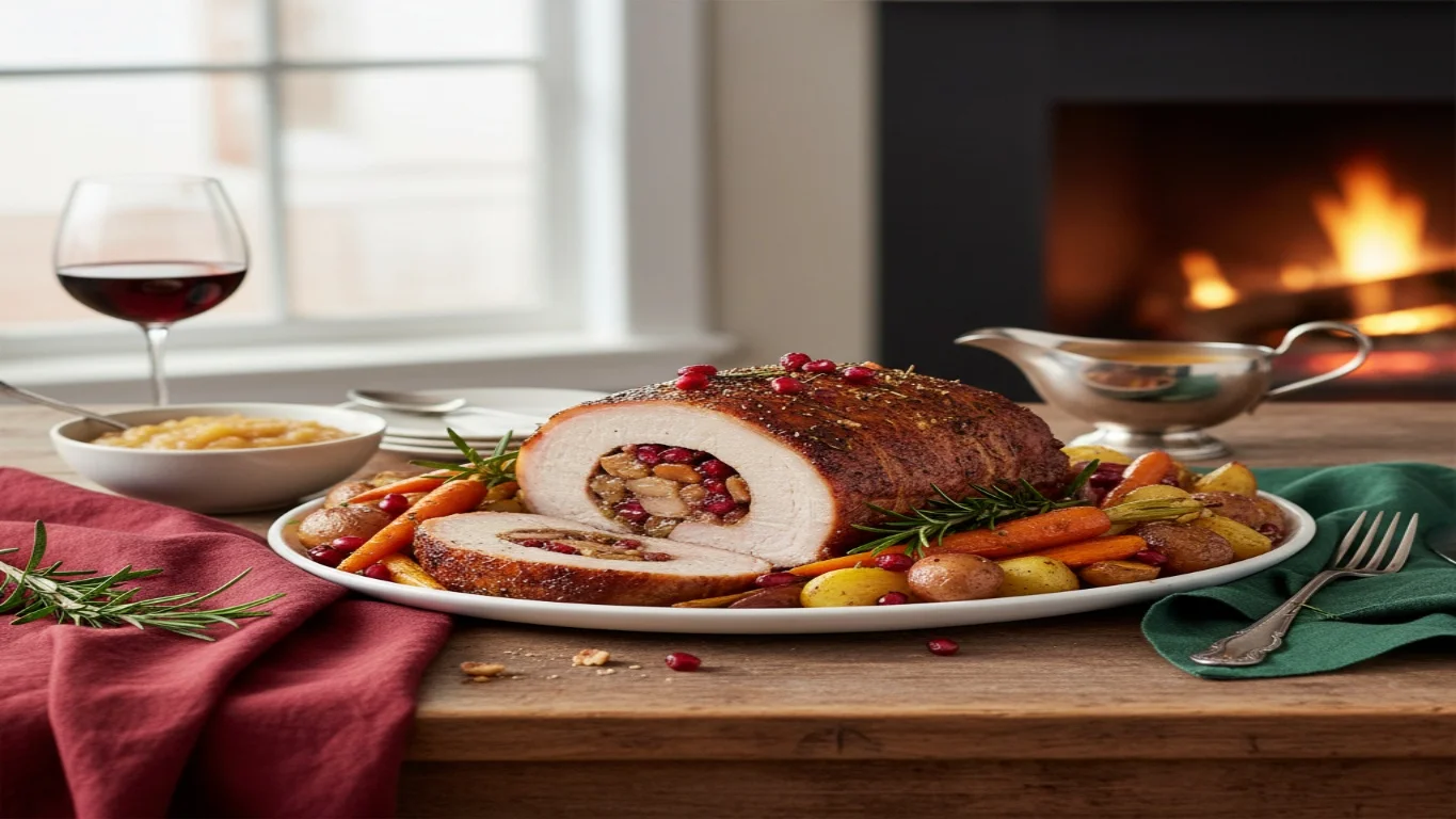 Lombo de porco recheado assado e fatiado, revelando um recheio colorido, decorado com ervas frescas e frutas. Ideal para as festas de Natal e Ano Novo.