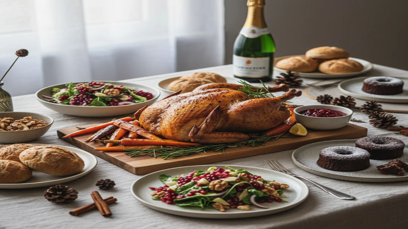 Imagens de pratos festivos para Natal e Ano Novo, incluindo opções simples e sofisticadas de receitas