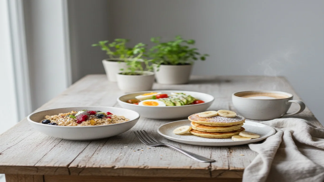 Seleção de receitas rápidas para café da manhã, incluindo pratos como ovos mexidos, panquecas com frutas, iogurte com granola e tapioca. Opções fáceis e saudáveis para começar o dia.